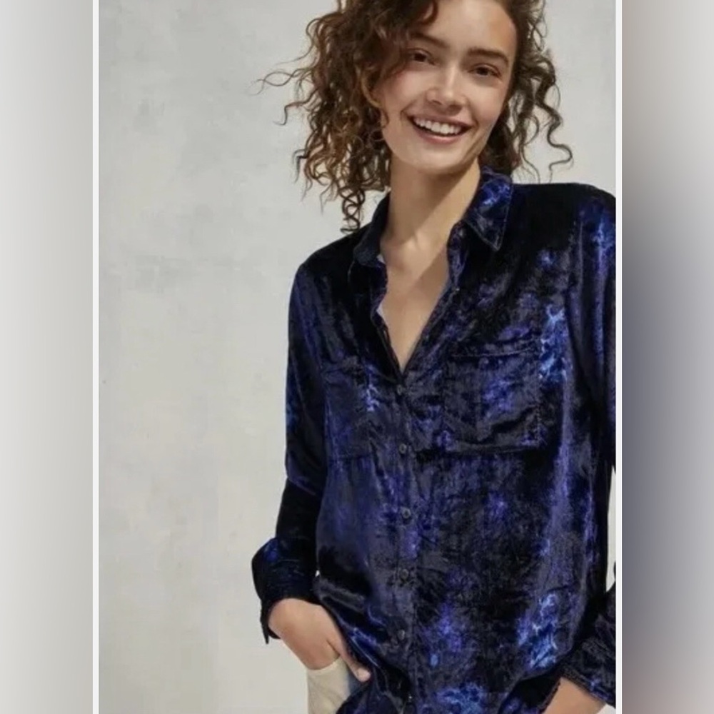 Anthropologie Navy Velvet Button-Down Shirt